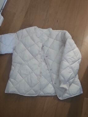 Quilted Button-Front Puffer Jacket in Light Beige